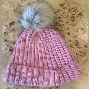 Pink J Crew beanie with faux fur Pom Pom